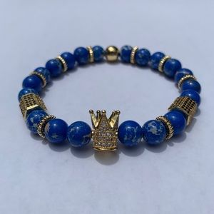⭕️Blue Marble Stone Gold Crown Bead Bracelet